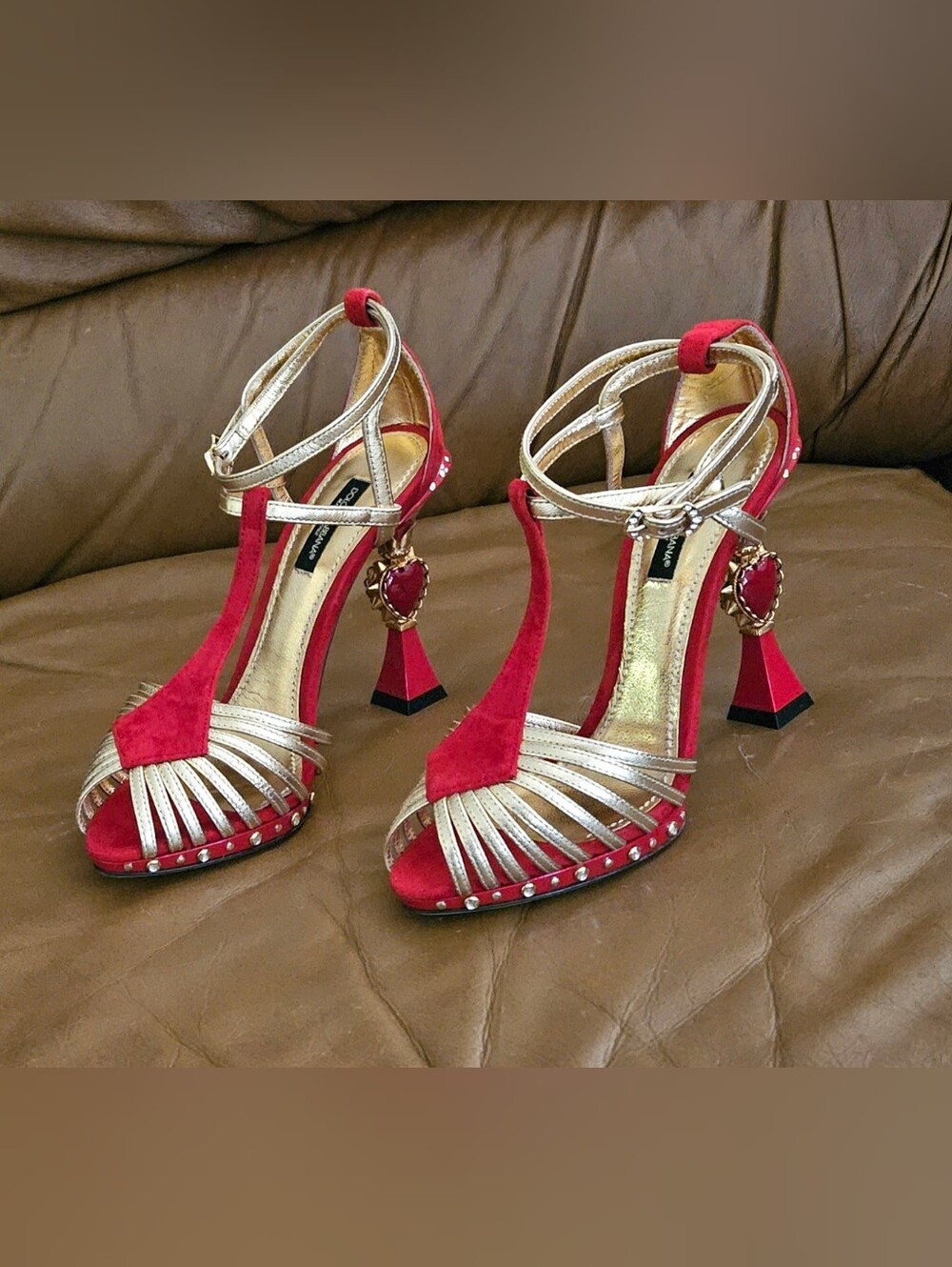 Dolce & Gabbana Red Suede and Gold Strappy Heart-Accent High Heels Size 5.5 US